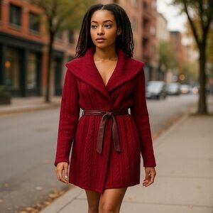 Women’s Red Wine Cardigan Belted Sweater
New